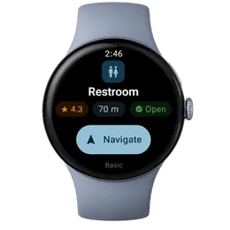 LooGo running on Wear OS showing a nearby restroom with rating and a Navigate button