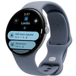 LooGo running on Wear OS, listing nearby restrooms with distance and accessibility icons